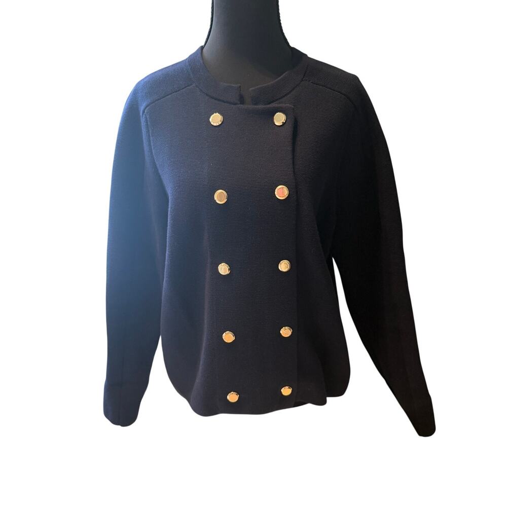 Talbots Navy Sweater Jacket Double Breasted Gold Buttons M Cotton Blend